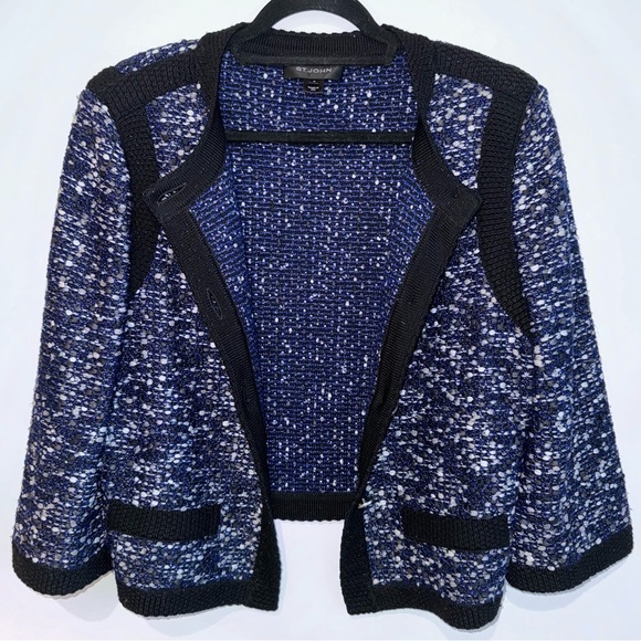 St. John Navy Black Silver Tweed Wool Jacket Size 12 - Picture 4 of 6